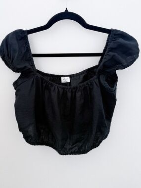 Wilfred 100% Linen Puff Sleeve Crop Top Black Elastic Waist Summer Blouse